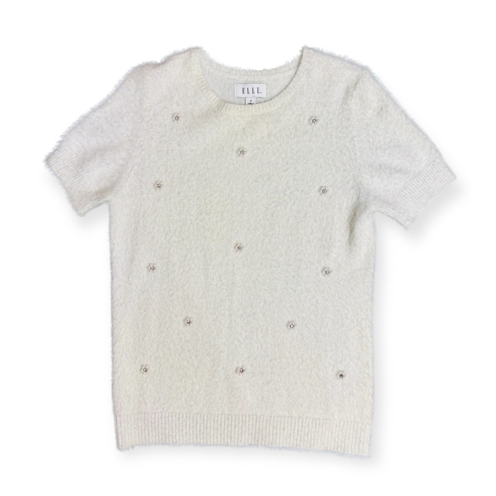 Elle Size Medium Sweater White Faux Fur Short Sleeved Beaded Flowers Knit